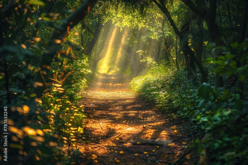 Sunlight filters through a dense forest canopy onto an inviting path, creating a magical and warm atmosphere.