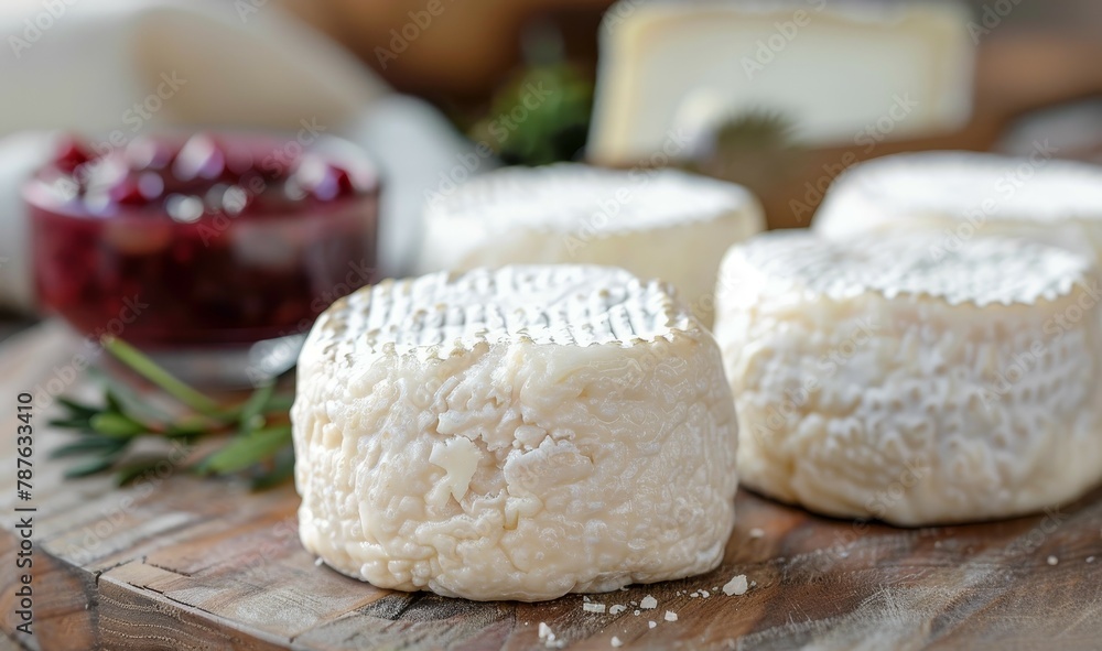 Goat cheese and other cheeses with jam on a cutting board