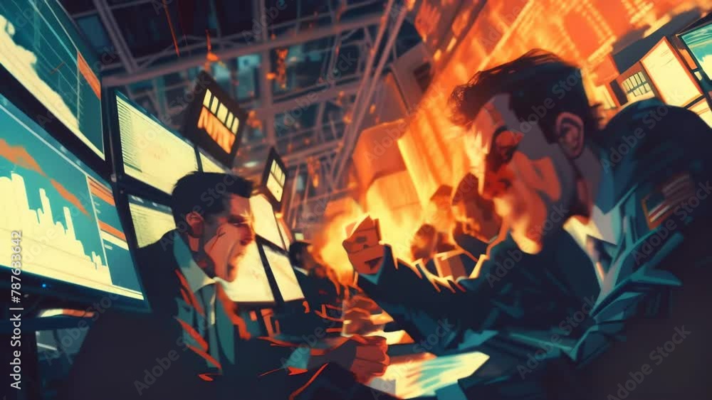 Stock market traders at a securities exchange work while looking at multiple computer monitors. 