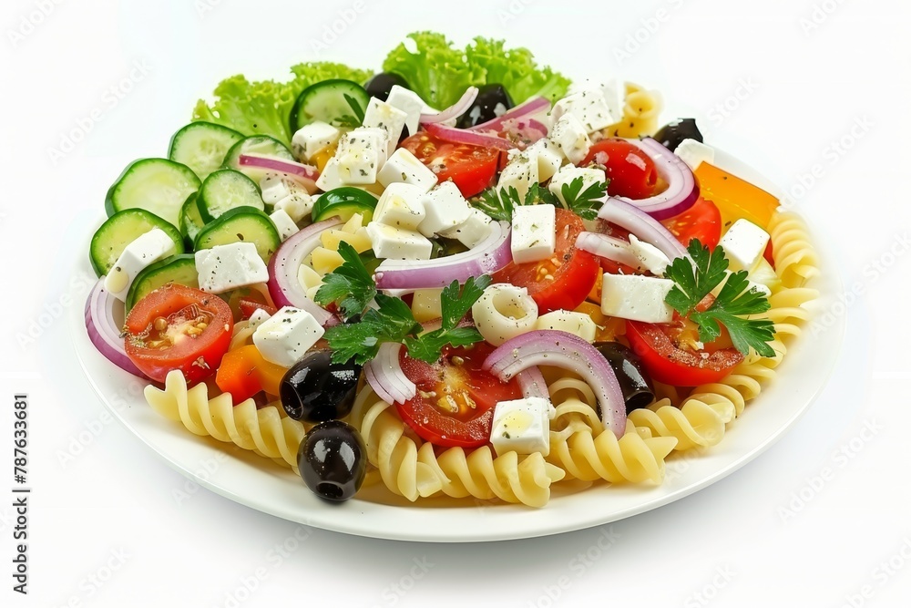 Greek pasta salad with feta and veggies on white background