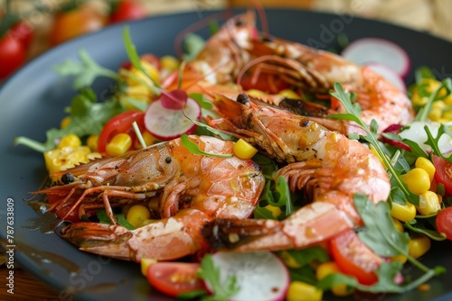 Grilled prawns with corn salad and tomatoes