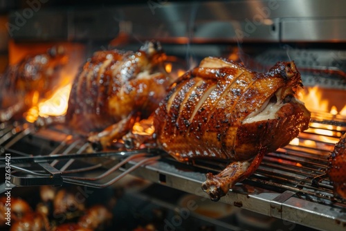 closeup of whole duck roasting on rotisserie machine photo