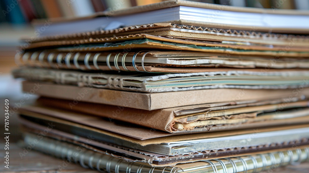 A stack of recycled cardboard notepads with spiral bindings. - obrazy, fototapety, plakaty 