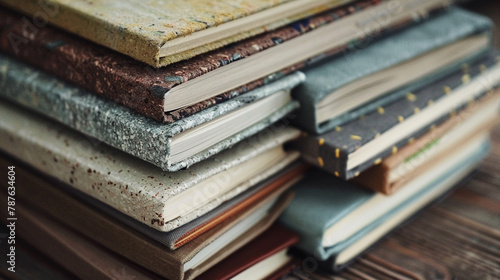 A stack of recycled paper notebooks with textured covers.