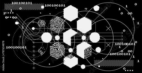 Abstact grunge sci-fi background with geometic pixelated figures and patterns.
