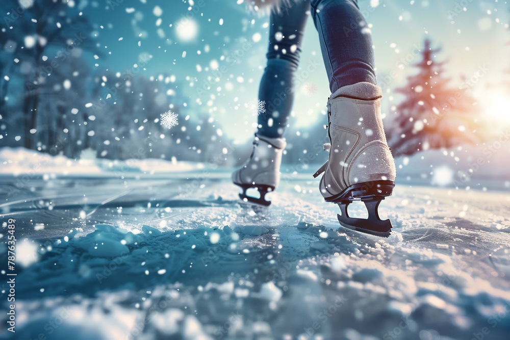 Close-Up of Ice Skates in Action During a Magical Winter Snowfall on Frozen Lake, Gliding on Ice Close-Up of Ice Skates in Action During a Magical Winter Snowfall on Frozen Lake, Gliding on Ice