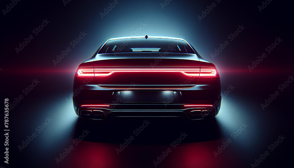 black car glow line lamp back view car with dark background