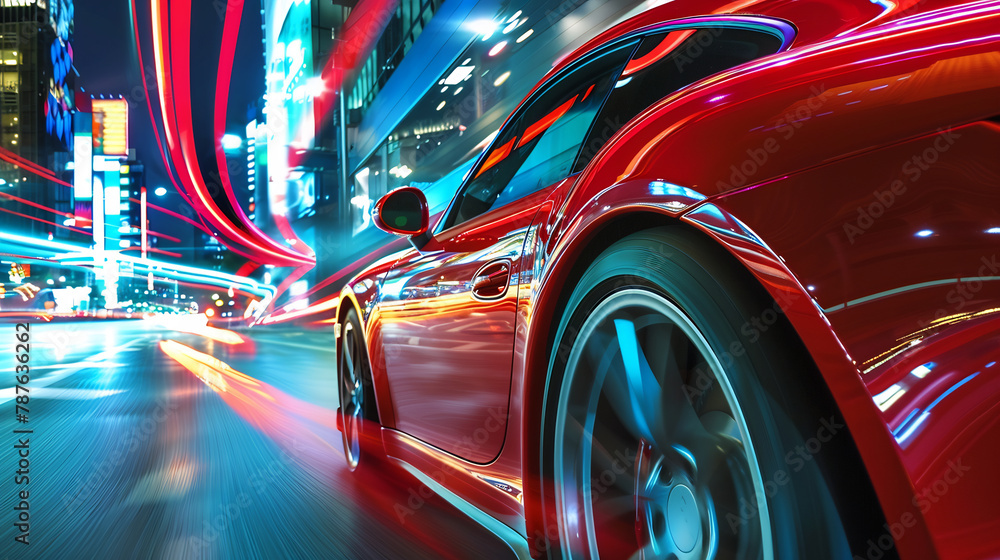 Speeding Red Sports Car on a Vibrant City Street at Night, Capturing Motion and Urban Excitement Speeding Red Sports Car on a Vibrant City Street at Night, Capturing Motion and Urban Excitement