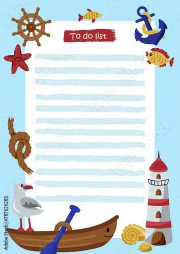 To Do List with cute boat, lighthouse, steering wheel, anchor and fish. Template for birthday and party invitation, check list and more. Vector illustration.