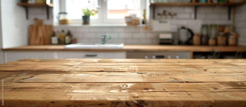 Wooden table with no items on it and a blurred background of a kitchen counter. Wooden table with no items on it and a blurred background of a kitchen counter.
