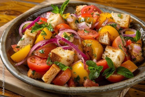 Italian salad with ciabatta red and yellow tomatoes red onion