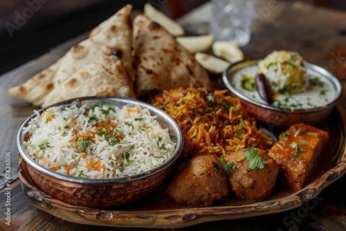 Indian food selection with pilau rice naan poppadoms and samosas popular in Europe photo