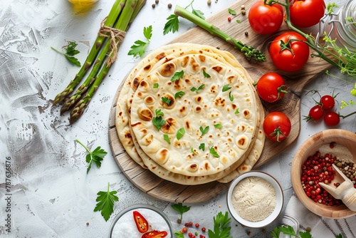 Ingredients for Flatbread Paratha roti on wooden board with cherry tomatoes asparagus parsley Top view photo
