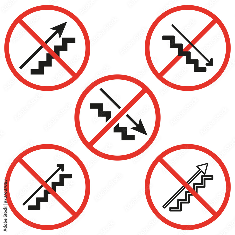 Prohibition signs with stairs and arrows. Negative space concept. Forbidden actions icons. Vector illustration. EPS 10. Prohibition signs with stairs and arrows. Negative space concept. Forbidden actions icons. Vector illustration. EPS 10.