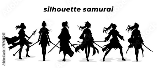 Samurai silhouette vector illustrations. Silhouettes Samurai collection. Vector of samurai silhouette. Vector of lady samurai silhouette.