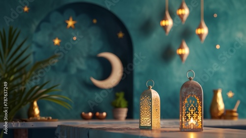 a table with a lantern and a potted plant on it in front of a wall with a crescent and stars
