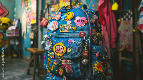 A backpack with colorful patches and keychains, reflecting the owner's personality.
