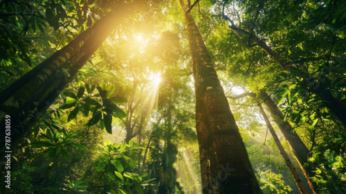 Tall green trees with sunlight in the forest are portrayed in a style that merges intricate ceiling designs  ecological art  and high-angle view.