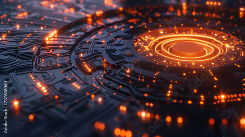 An open circuit board with orange led lights in a style that merges circular abstraction, social network analysis, and sunrays shining upon it.