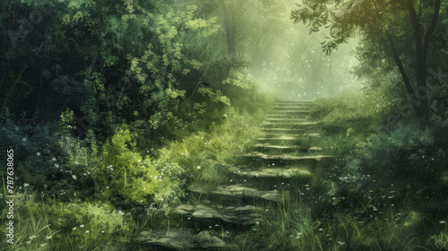 Steps leading into the forest on a sunny day in a style that merges dark green and dark emerald tones, soft, romantic landscapes, and prairiecore elements. photo