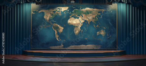 A stage with a world map and 3d light in a style that blends journalistic cartoons, navy and aquamarine hues, and lifelike accuracy.