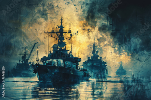 Large vessels in a style that blends fantasy with wimmelbilder, intense close-ups, and vignetting. photo