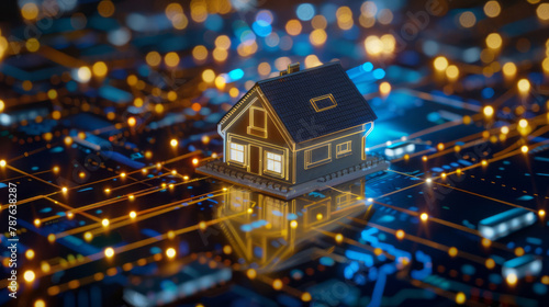 A house concept in the city from digital communication net in a style that includes dark navy and green tones, bokeh panorama, isometric elements, and light gold tones.