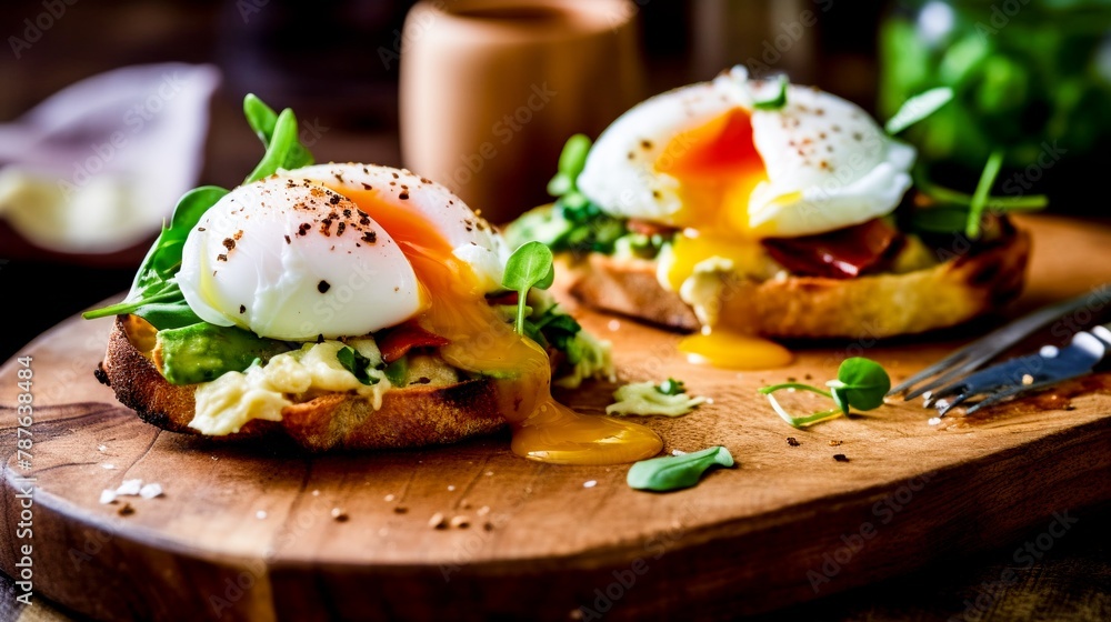 A wooden cutting board on which lies a sandwich of poached eggs and other products. A wooden cutting board on which lies a sandwich of poached eggs and other products.
