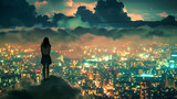 A woman standing on top of a cloud observing the city at night, grandiose cityscape views, and captivating documentary photos.