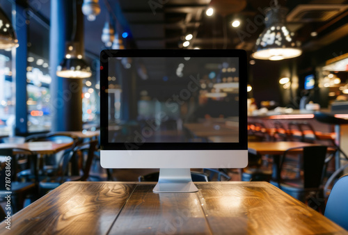 A computer sitting in the middle of a table at a restaurant in a style that merges dramatic cityscapes, minimalistic compositions, and cabincore. photo