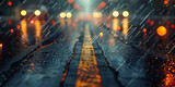 A wet road in gloomy weather with bright lights is portrayed in a style that includes atmospheric elements.