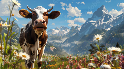 A cow standing in a field with flowers and mountains is portrayed in a style that includes caricature faces, close-up views, joyful elements, and impressive panoramas. photo