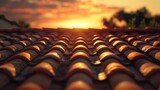 A tile roof at sunset again in a style that includes mundane materials, low-angle shots, red and amber tones, and atmospheric ambience.