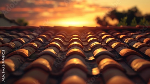 A tile roof at sunset again in a style that includes mundane materials, low-angle shots, red and amber tones, and atmospheric ambience. photo