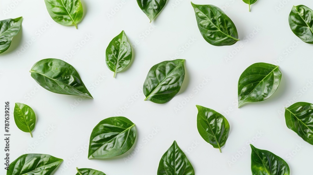 Green leaves on a white background in a style that merges juxtaposition of objects, polished surfaces, clean and simple designs, aerial view, earthy color palette, and ethical concerns. Green leaves on a white background in a style that merges juxtaposition of objects, polished surfaces, clean and simple designs, aerial view, earthy color palette, and ethical concerns.