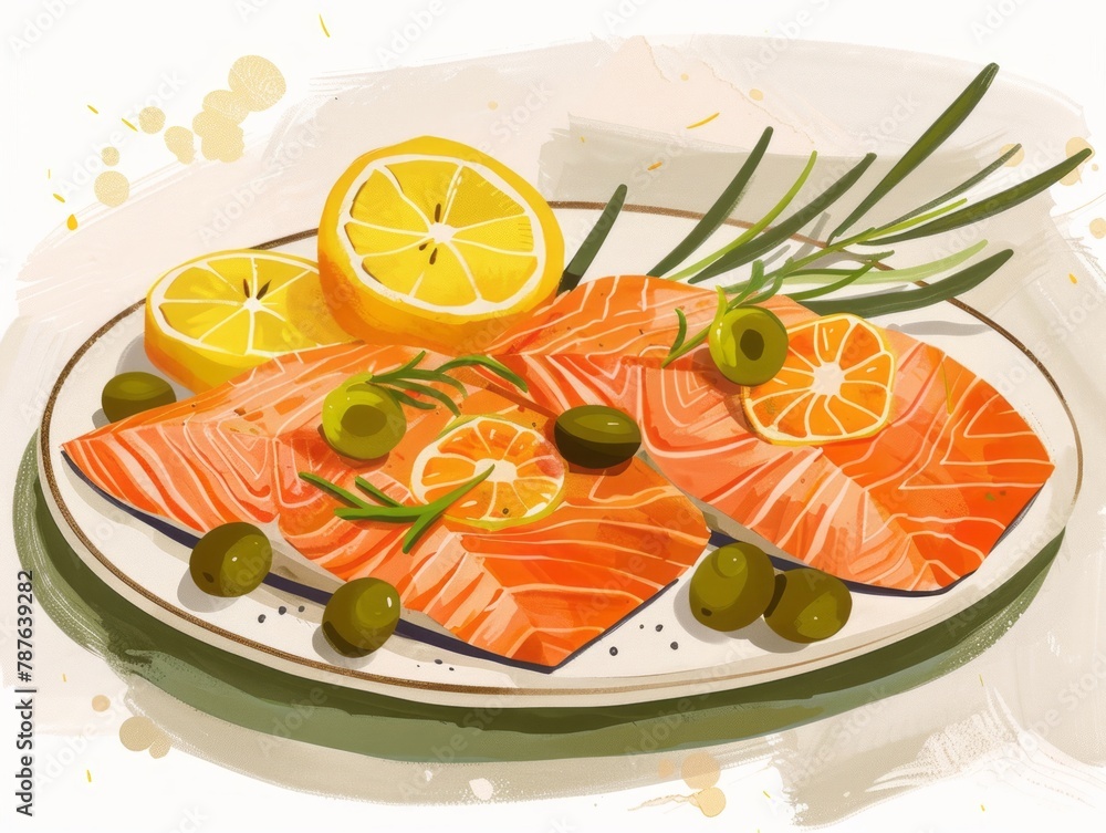 Cut salmon on a plate with lemon, ylang, green olives, and orange slices in a style that merges simple, colorful illustrations, reefwave, and rococo still-lifes. Cut salmon on a plate with lemon, ylang, green olives, and orange slices in a style that merges simple, colorful illustrations, reefwave, and rococo still-lifes.