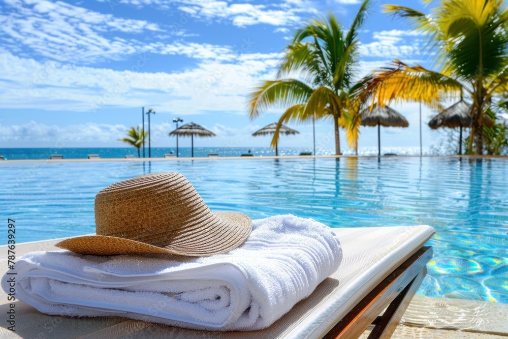 Bright and inviting lifestyle shot of a towel and hat on a sun lounger with a clear blue sky and palm trees by a poolside. Bright and inviting lifestyle shot of a towel and hat on a sun lounger with a clear blue sky and palm trees by a poolside.