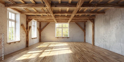 An empty room with wood beams and wooden floors in a style that includes rustic renaissance realism and mid-century aesthetics.