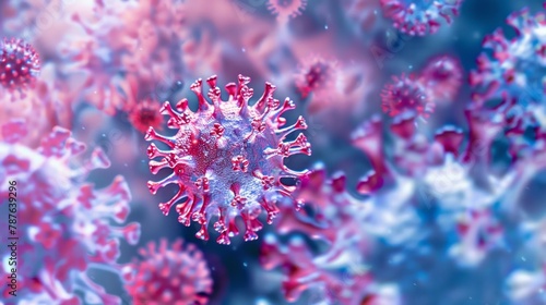 The coronavirus virus is portrayed in a style that includes photorealistic detail, light red and indigo tones, repetitive elements, and rounded shapes. © Duka Mer