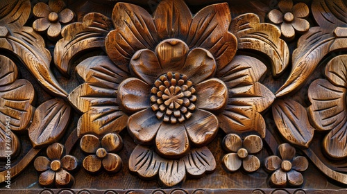 A carved wooden floral wall texture in an organic and fluid style.