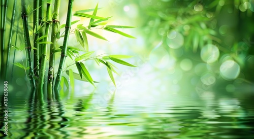 Bamboo Background with Foliage Mirrored in the Water. Made with Generative AI Technology (ID: 787639848)