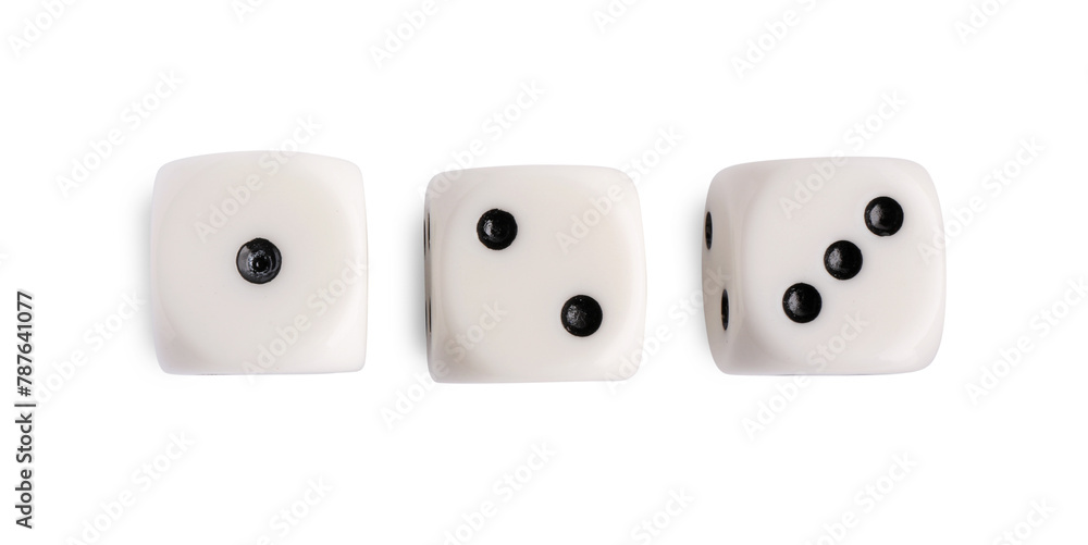 Three dices isolated on white, top view. Game cubes Three dices isolated on white, top view. Game cubes