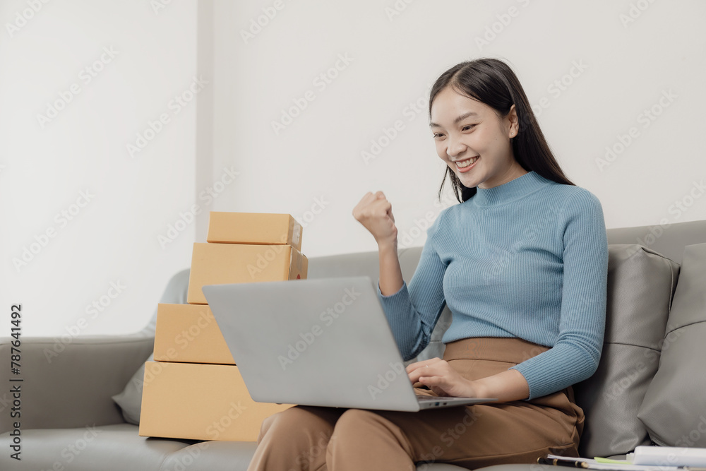 SME female entrepreneur works on receipt boxes and checks online orders to prepare boxes to sell to customers. SME business concept, order online, sell products, work with boxes, freelance work. SME female entrepreneur works on receipt boxes and checks online orders to prepare boxes to sell to customers. SME business concept, order online, sell products, work with boxes, freelance work.