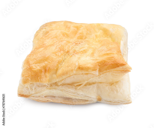 Puff pastry. One delicious fresh bun isolated on white