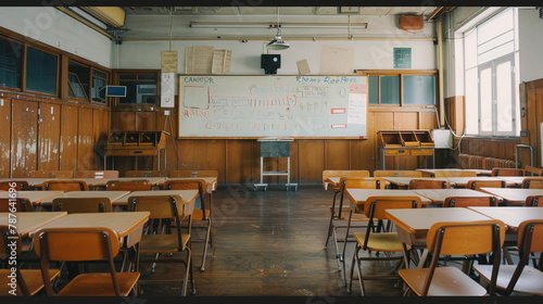 A view of an empty classroom with wooden desks and chairs, and a whiteboard displaying a grammar lesson.