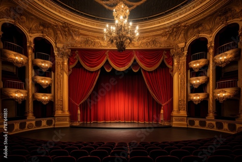 A Classical Theater Box Illuminated by Soft Candlelight, with Velvet Drapes and Ornate Gold Detailing, Capturing the Essence of 18th Century Drama