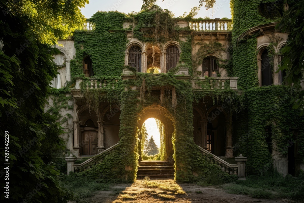 A Majestic Yet Eerily Abandoned Renaissance Palace, Overgrown with Ivy and Bathed in the Soft Glow of a Setting Sun