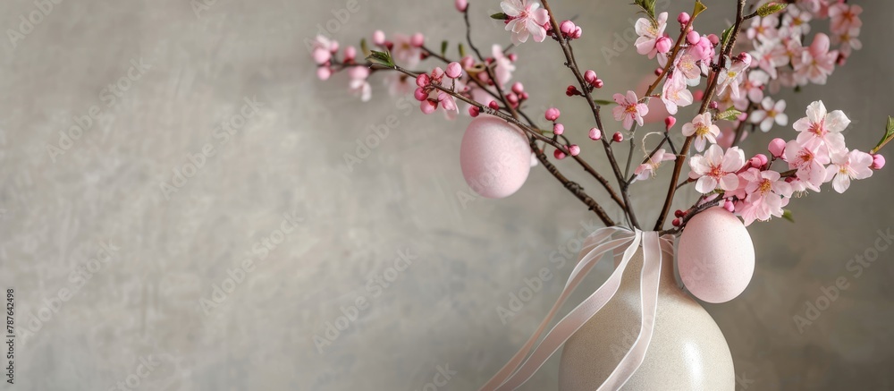 Cream colored vase holds pink spring blooming branches decorated with pastel egg ornaments tied with ribbon, against a gray neutral backdrop. Cream colored vase holds pink spring blooming branches decorated with pastel egg ornaments tied with ribbon, against a gray neutral backdrop.