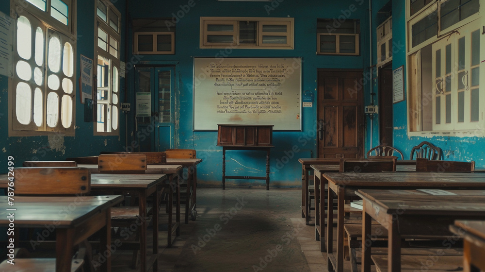 A view of an empty classroom with wooden desks and chairs, and a whiteboard displaying a quote from a famous author.