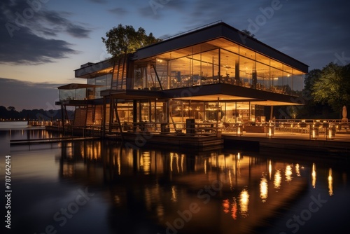 A Majestic Floating Restaurant on a Serene River, Illuminated by the Soft Glow of the Setting Sun, Reflecting off the Water Surface